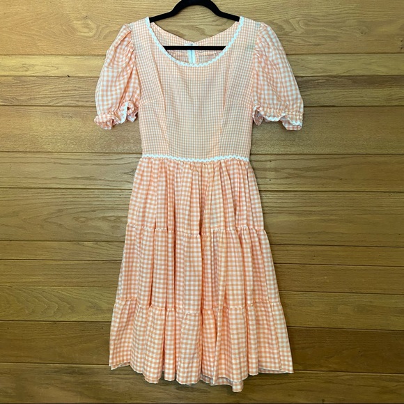 Vintage Dresses & Skirts - Vintage 1950s gingham orange and white rick rack trim square dancing dress